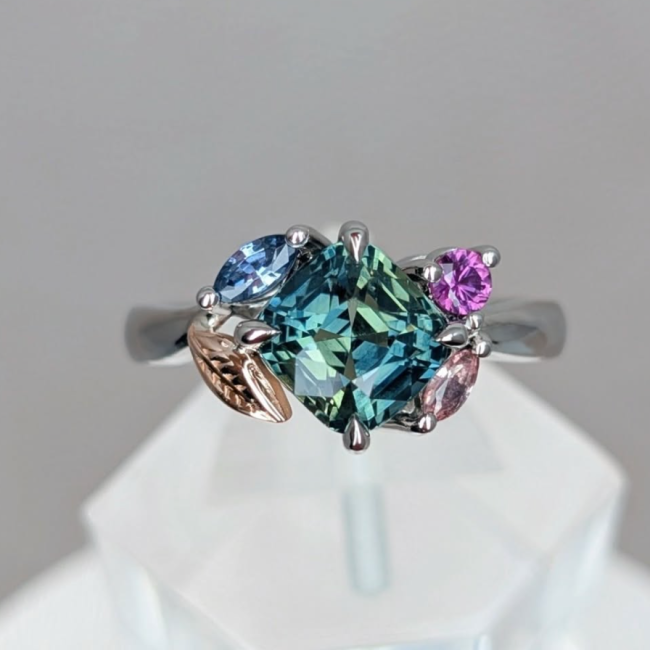 Cushion sapphire cluster ring — Julie & Clarence Chau