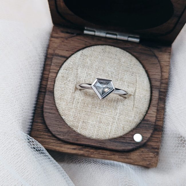 Shield-cut salt and pepper diamond ring — Kelly Davis & Chrissie Bernasconi